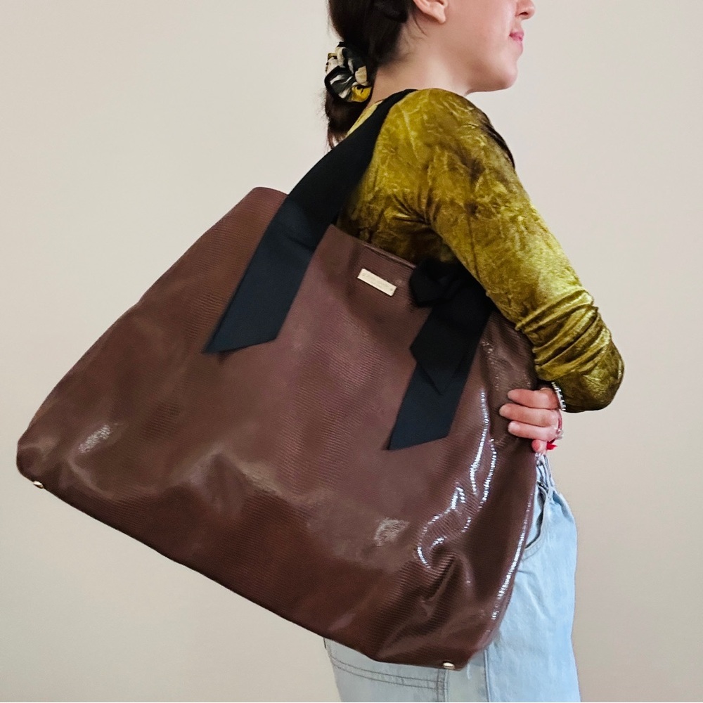 KATE SPADE Patent Leather Snakeskin Chocolate Brown Tote Bag Large Purse Bow
